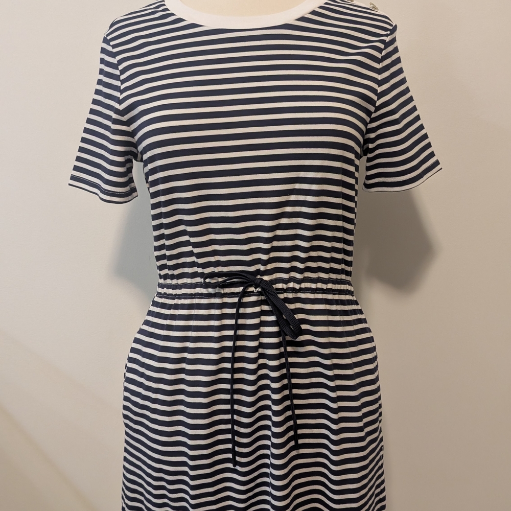 Draper James Tie Waist Striped Navy and White T-shirt Dress With Pockets Small